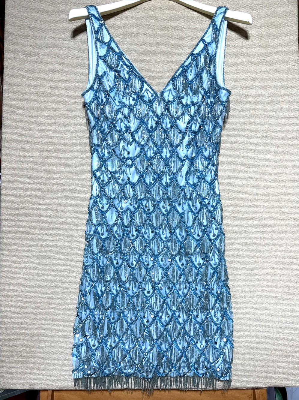 Prima Vera #4042 Size 4 Homecoming Dress Fringe Beaded Blue Mermaid Unique